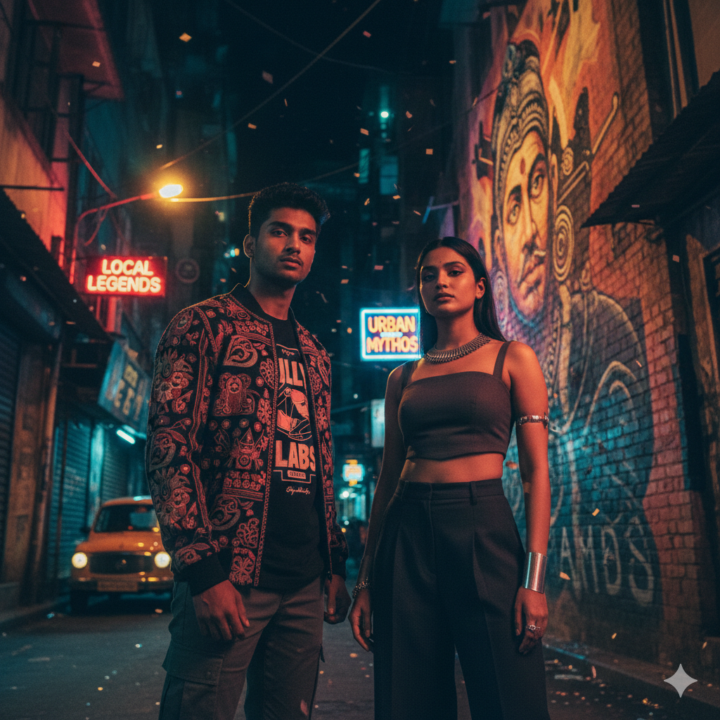 South Asian streetwear styling with modern heritage fashion and men’s jutti shoes