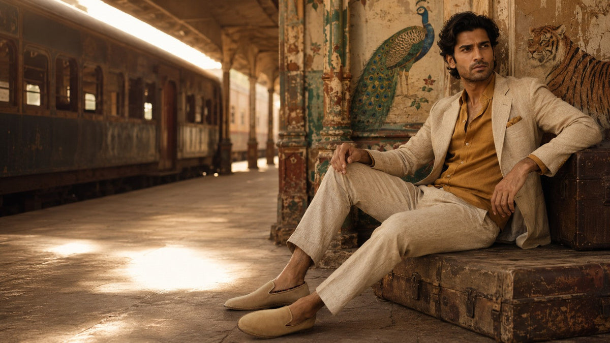 British South Asian streetwear styling with modern men’s jutti shoes