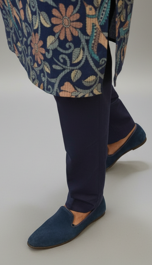 Navy blue loafers worn with navy pants and a patterned top on a white background