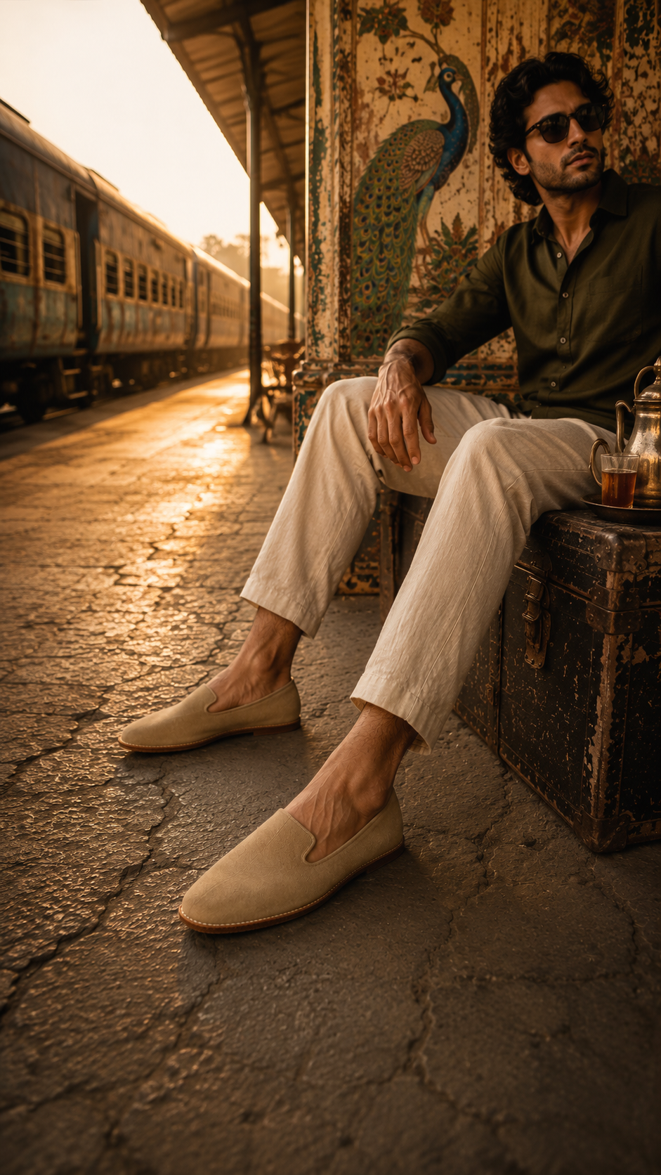 Man sitting at a train station with a vintage suitcase, wearing sunglasses and a green shirt.